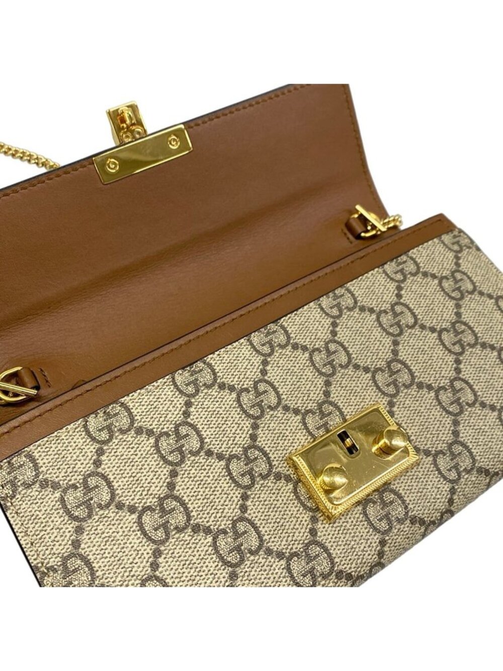 Gucci Wallet Padlockgg Plus GG Supreme Dark Brown Beige Black Chain Leather - Picture 3 of 13